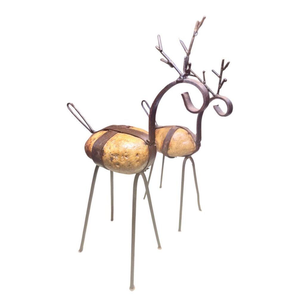 Handcrafted Metal & Stone Reindeer Figurines Christmas Decor